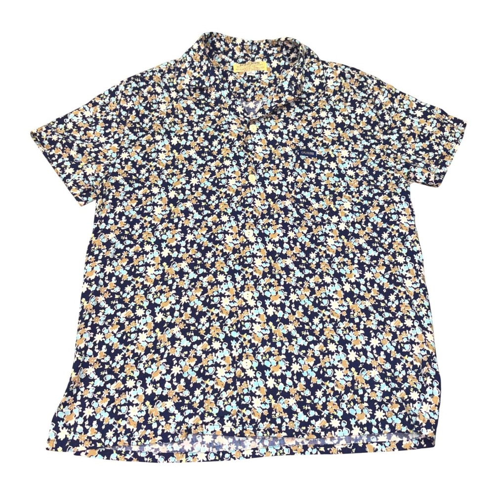 Guess Jeans Mens Medium Vintage Blue Floral Rayon Short Sleeve Button Down Shirt